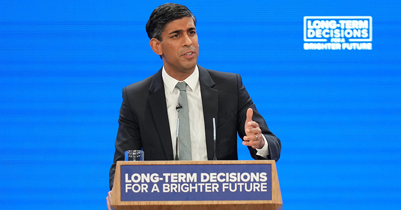 Prime Minister Rishi Sunak delivers his keynote speech at the Conservative Party annual conference at Manchester Central convention complex Picture date Wednesday October 4 2023 | Schools Week